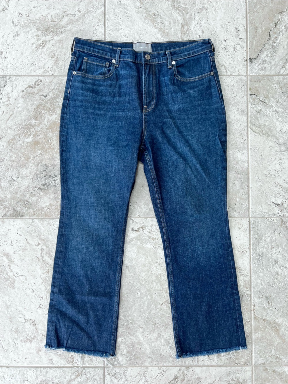 Everlane The Way High Rise Straight Leg Jean Raw Hem, Vtg Indigo Med Blue, 32R